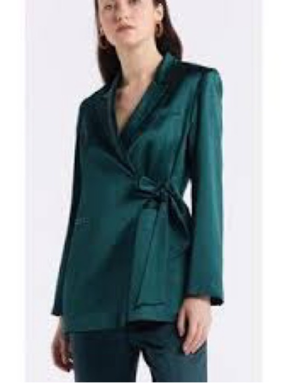 Women’s Satin Tie-Waist Blazer Jacket and split hem pants Deep Green